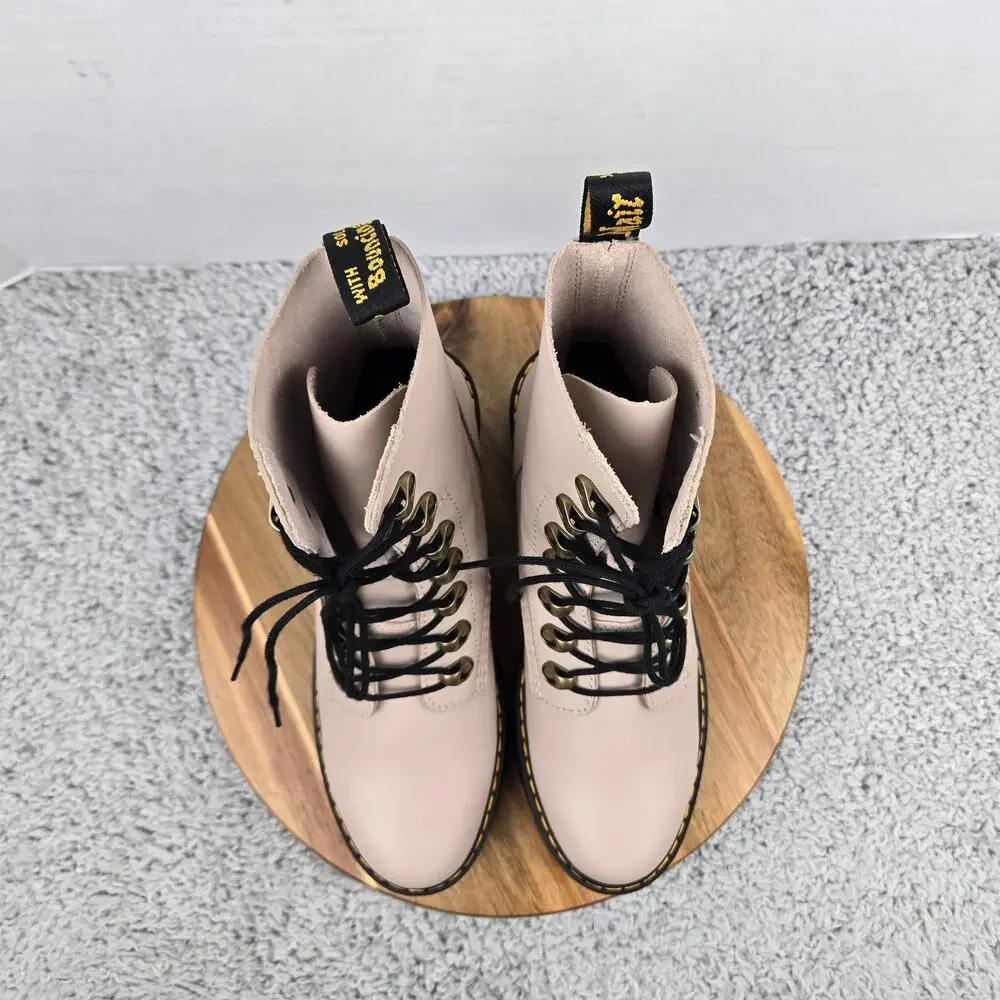 Dr. Martens Womens 8 Leona Beige Leather Y2K Black Heel Platform Combat Boot